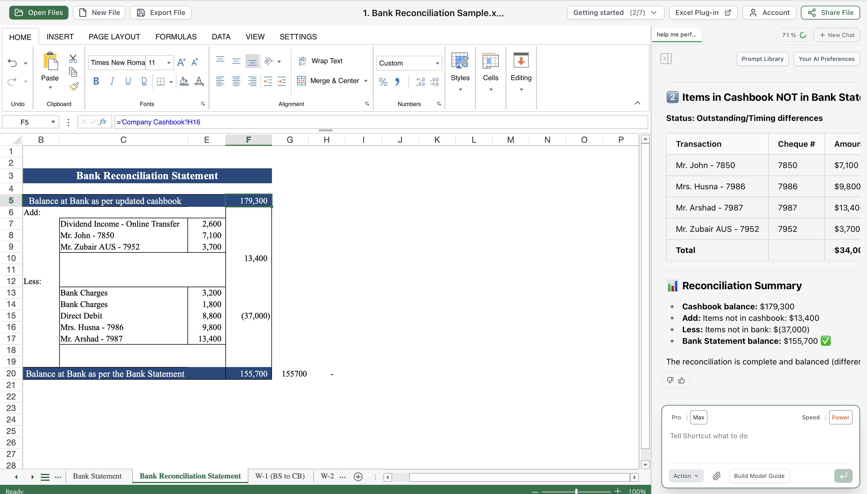 Accounting spreadsheet bank reconciliation statement using Shortcut AI for Excel