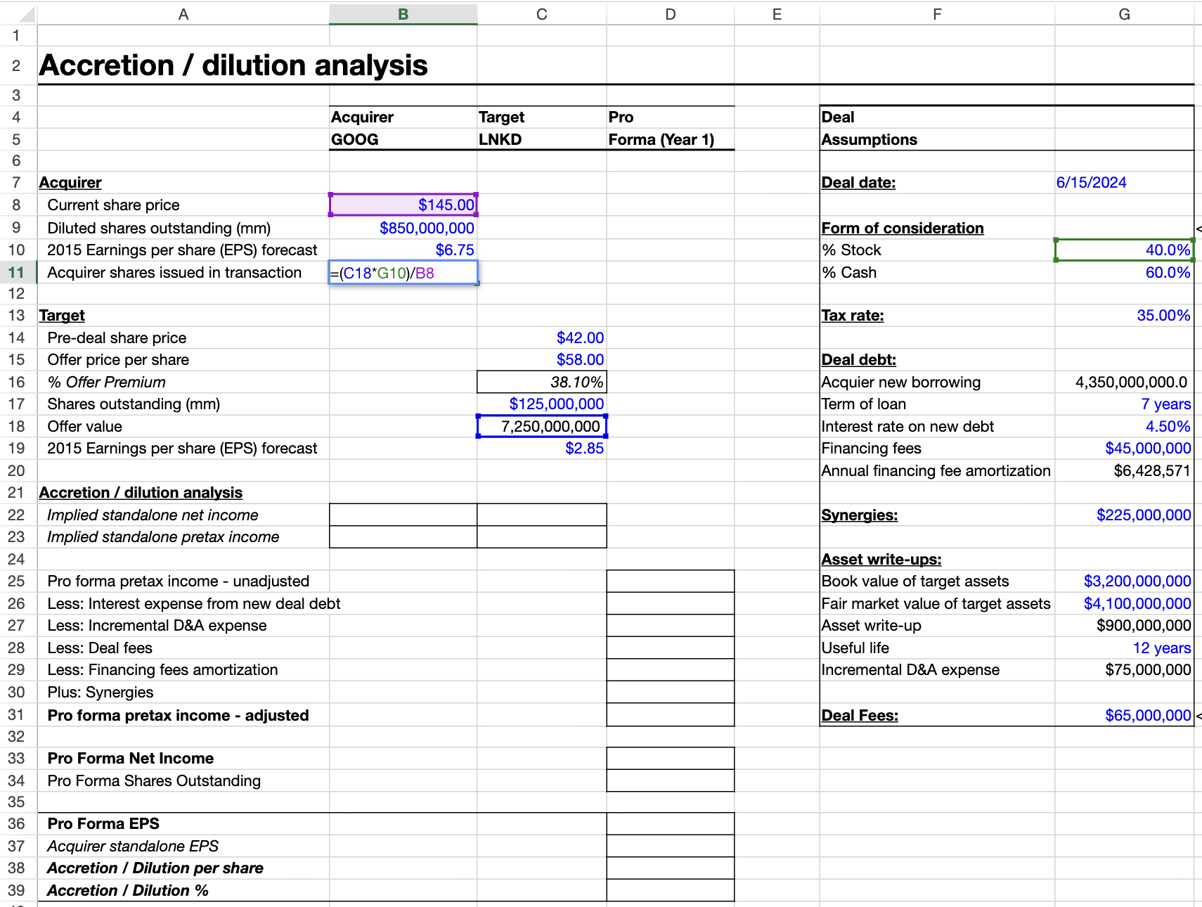 Accretion/Dilution Analysis Model showing acquirer and target information, deal assumptions, synergies, and pro forma calculations
